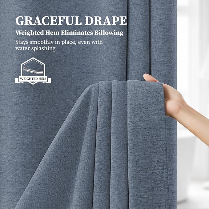 108x72 Linen Textured Waterproof Cloth Shower Curtain Set, Blue Grey | Extra Wide Size, 230GSM Polyester, Heavy Duty Fabric, Weighted Hem, 18 Plastic Hooks, Modern Hotel Style, Machine Washable