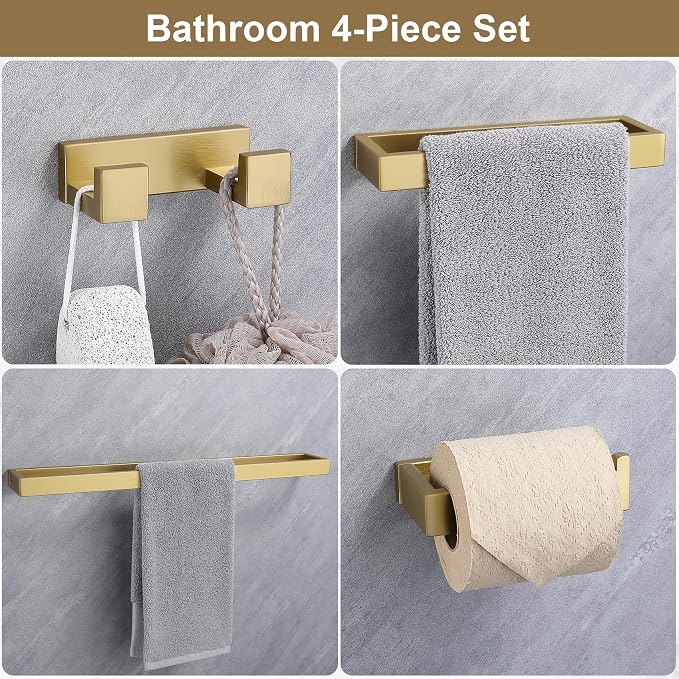 Lairuier Brushed Gold Bathroom Hardware Accessories, 4PCS Towel Bar Set | Including Towel Bar, Towel Holder, Toilet Paper Holder, Towel Hook, SUS304 Stainless Steel Bathroom Towel Holder Hardware Set