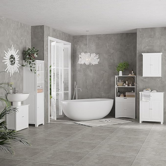 HOMCOM Under Sink Bathroom Cabinet, Pedestal Sink Storage Cabinet with 2 Doors, Shelf and U-Shape, White