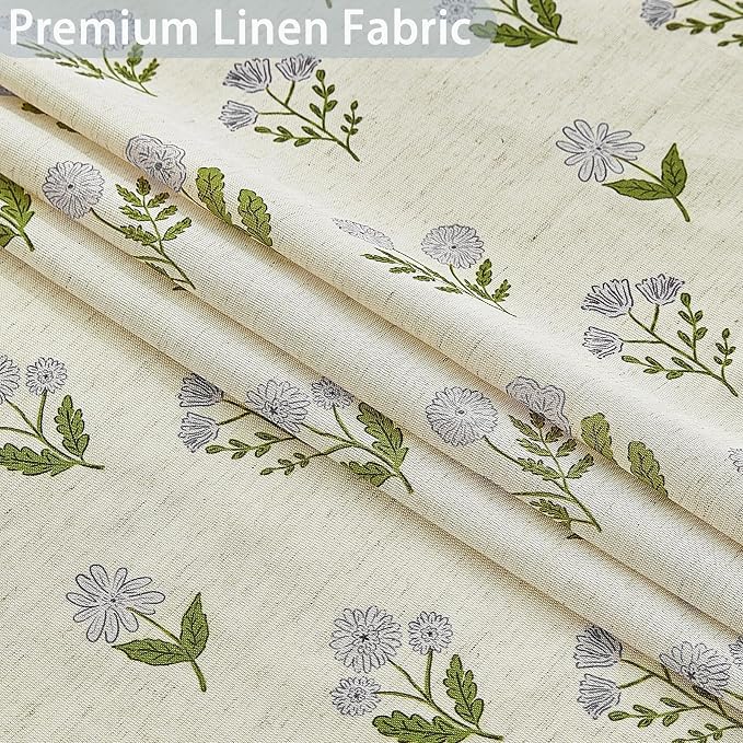 ORTIGIA Linen Textured Ruffle Shower Curtain 72x72 Inch with Metal Hooks, Vintage Blue Green Floral Flowers Block Print Boho Waterproof Bath Curtain for Rustic Farmhouse Bathroom Decor