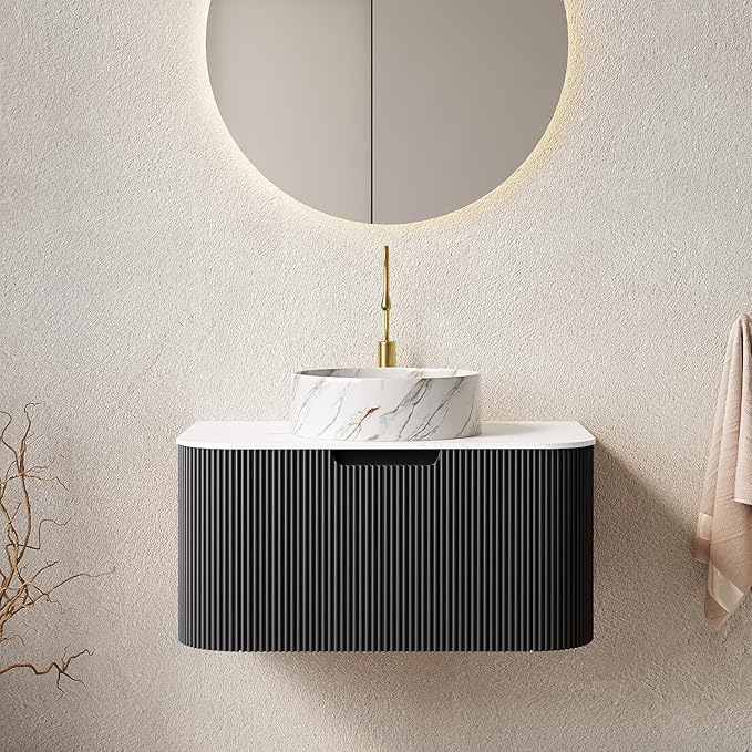 LKTART 30 Inch Floating Bathroom Vanity with Sink, Modern Wall Mounted Bathroom Storage Cabinet with Drawer, Stone Pattern Round White Ceramic Sink Top and Marble Texture Top, Black
