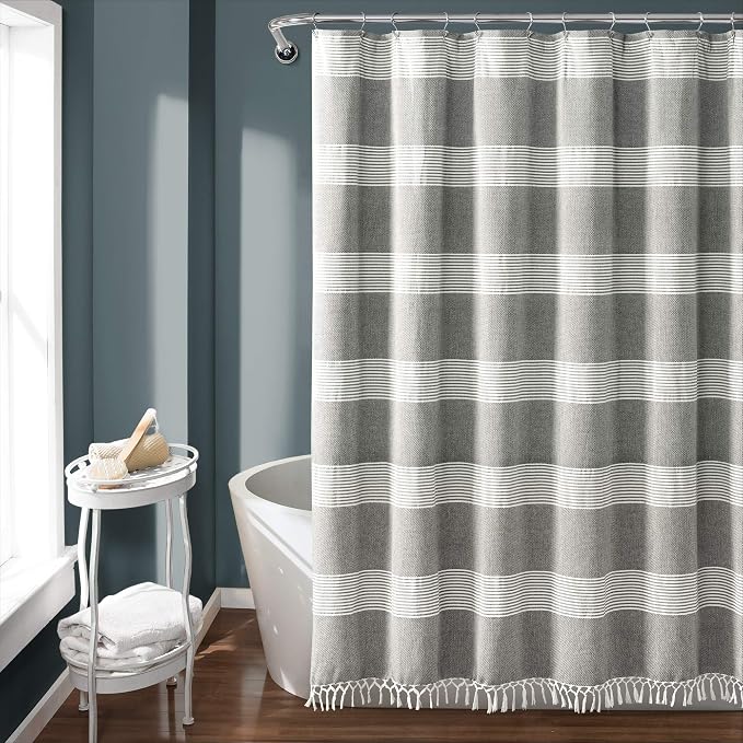 Lush Decor Tucker Stripe Yarn Dyed Cotton Knotted Tassel Shower Curtain, 72" x 72", Gray (16T004684)