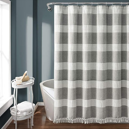 Lush Decor Tucker Stripe Yarn Dyed Cotton Knotted Tassel Shower Curtain, 72" x 72", Gray (16T004684)