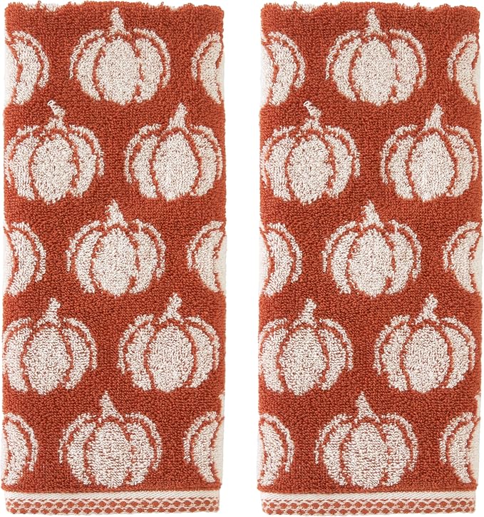 SKL Home Fall/Thanksgiving Pumpkin Hand Towel Set-2pc, Jacquard, Spice | 100% Cotton. Soft, absorbent & reversible. For use in the bathroom, kitchen or bar & gifting.