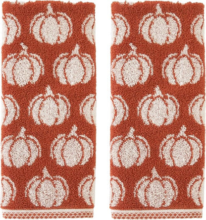 SKL Home Fall/Thanksgiving Pumpkin Hand Towel Set-2pc, Jacquard, Spice | 100% Cotton. Soft, absorbent & reversible. For use in the bathroom, kitchen or bar & gifting.