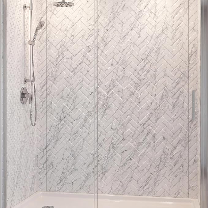 From Plain To Beautiful In Hours 133-640-HERR-KIT Herringbone Tile - Tub and Shower Wall Panels Surround (Covers/ 96 sq. ft.), Marble, 1 Piece