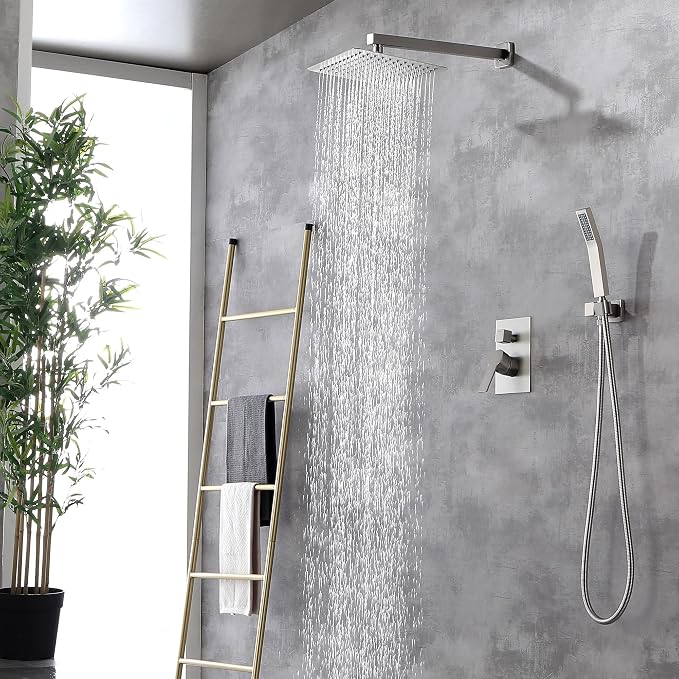 SHAMANDA Rainfall Shower System, Bathroom Luxury 10-Inch Rain Shower Head and Handheld Shower Faucet Combo Set Brushed Nickel(Including Rough-In Valve Body and Trim), Wall Mount, L701-2