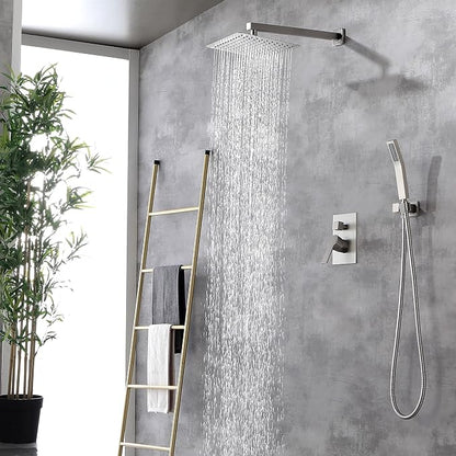 SHAMANDA Rainfall Shower System, Bathroom Luxury 10-Inch Rain Shower Head and Handheld Shower Faucet Combo Set Brushed Nickel(Including Rough-In Valve Body and Trim), Wall Mount, L701-2