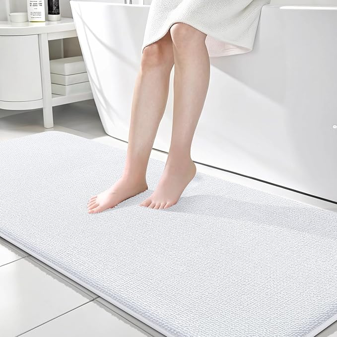 OLANLY Memory Foam Bathroom Runner Rugs 70x24, Absorbent Long Mat, White | Soft Quick Dry Bath Rugs, Non-Slip Carpet, Machine Washable Mat for Bathroom Floor, Tub and Shower, Home Decor Accessories
