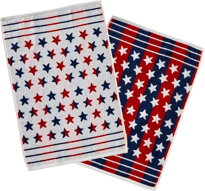 SKL Home Red White and Stars Hand Towel Set-2pc, Reversible Jacquard, Multi | 100% Cotton. Fun for Memorial Day/4th of July/Labor Day & all patriotic holidays. For the bathroom, kitchen or bar.