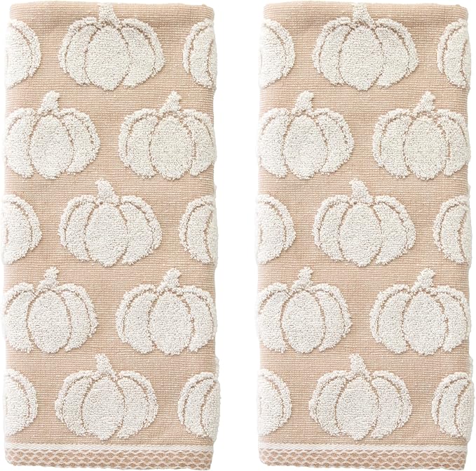 SKL Home Fall/Thanksgiving Pumpkin Hand Towel Set-2pc, Jacquard, Tan | 100% Cotton. Plush, absorbent & reversible. Great for use in the bathroom, kitchen, or bar. Also fun for Halloween & gifting.