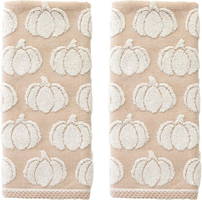 SKL Home Fall/Thanksgiving Pumpkin Hand Towel Set-2pc, Jacquard, Tan | 100% Cotton. Plush, absorbent & reversible. Great for use in the bathroom, kitchen, or bar. Also fun for Halloween & gifting.