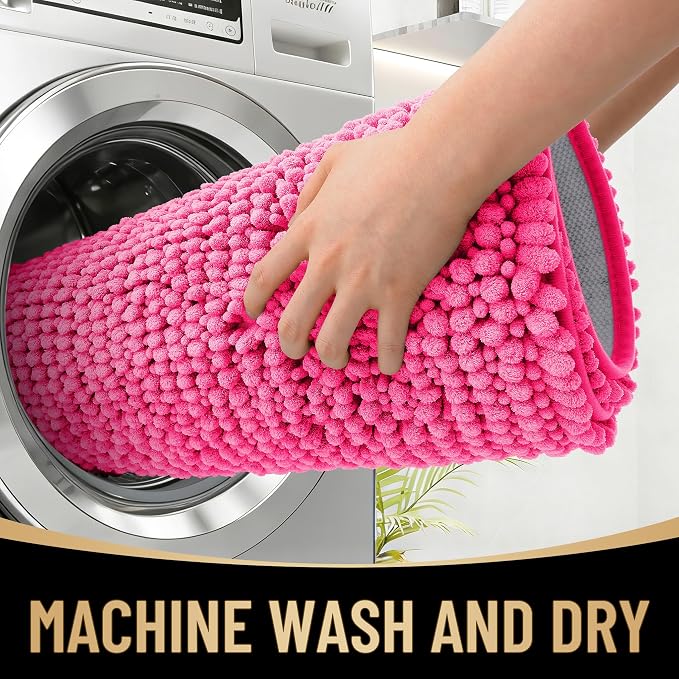 OLANLY Thick Chenille Absorbent Bathroom Rugs Mat 30x20, Hot Pink | Soft Bath Rugs, Rubber Backing, Machine Wash Dry, Bath Mats for Bathroom, Tub and Shower, Home Decor Accessories