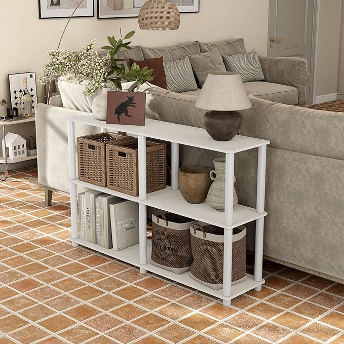 Homes: Inside + Out Apexa Modern 3-Tier Extra Wide Shelving Units, Collectibles Display Shelves, Easy Assembly Console Table, Home Storage Organizer for Living Room, Bedroom, Office, White