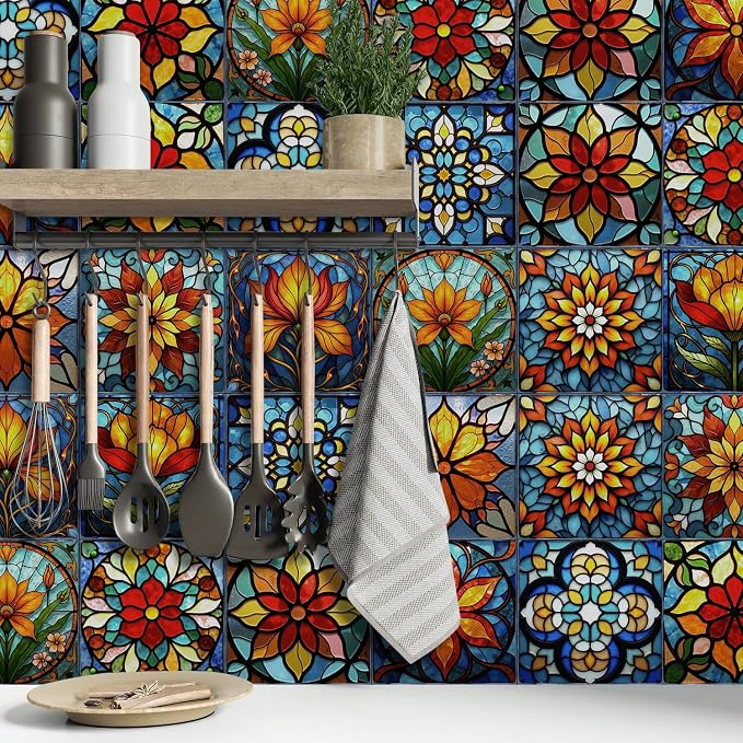 Easy Peel Stick wall Tile Stickers 6x6in Stick on backsplash Tiles,12Pcs | removable 3D tile for kitchen RV bathroom laundry backsplash decor,Ultra-high-definition printed Stained Glass pattern