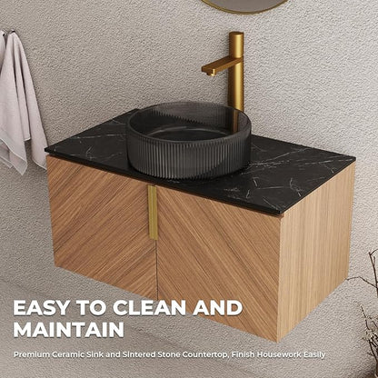 LKTART 36 Inch Bathroom Vanity with Sink, Modern Wall Mounted Bathroom Sink with 2 Doors, Black Sintered Stone Countertop and Black Round Glass Basin, Brown
