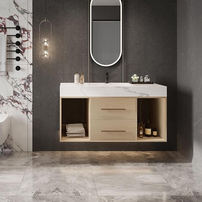 KEIKI 39.4" Bathroom Vanity with Undermount Sink Combo, Modern Floating Vanity Cabinet with 2 Drawers & Open Side Shelves, Storage Wall Mounted Cabinet for Small Space, Apricot‌