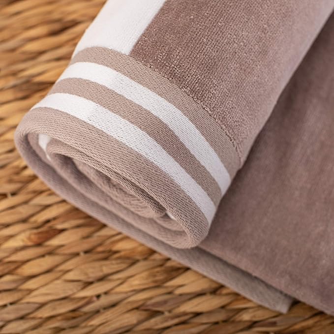 Superior Cotton Striped Beach Towels, Colorful Towels for Adult, Kid, Pool, Swimming, Sand, Travel, Large Oversized, Absorbent, Fast Drying, Bath Basics, Cabana Collection, Set of 6, Taupe