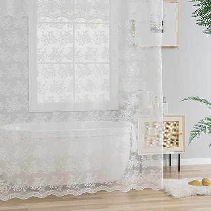 TUDECO White Lace Shower Curtain with Attached Valance, 72W x 84L Inch | Extra Long, Tall Bathroom Curtain, Cottage Core Style, Vintage Floral, Scalloped Edges, Brightens Space, Semi Privacy