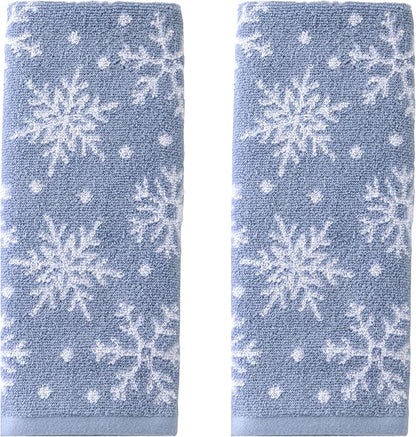 SKL Home Christmas/Winter Scattered Snowflakes Hand Towel Set-2pc, Blue | 100% Cotton. 500 GSM. Soft & absorbent. Reversible jacquard pattern. Great for the bathroom, kitchen or bar & holiday gift.