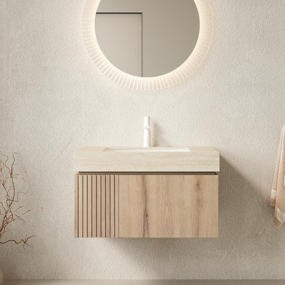 Ambrovina 30 inch Bathroom Vanity with Sink, Wall Mounted Storage Vanities with Drawer and Door, Roma Travertine-Pattern Countertop and Ceramic Basin, Pre-Assembled Cabinet, Light Wooden Color