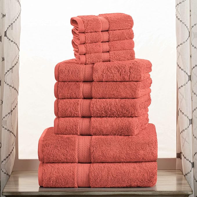 SUPERIOR Egyptian Cotton Ultra Plush & Absorbent, 10 Piece Set, Coral | Quick Dry, Soft Luxury Towel Set, Bath Essentials, Guest Bath, Spa, 2 Bath, 4 Hand, 4 Face Towels, Madeline Towels