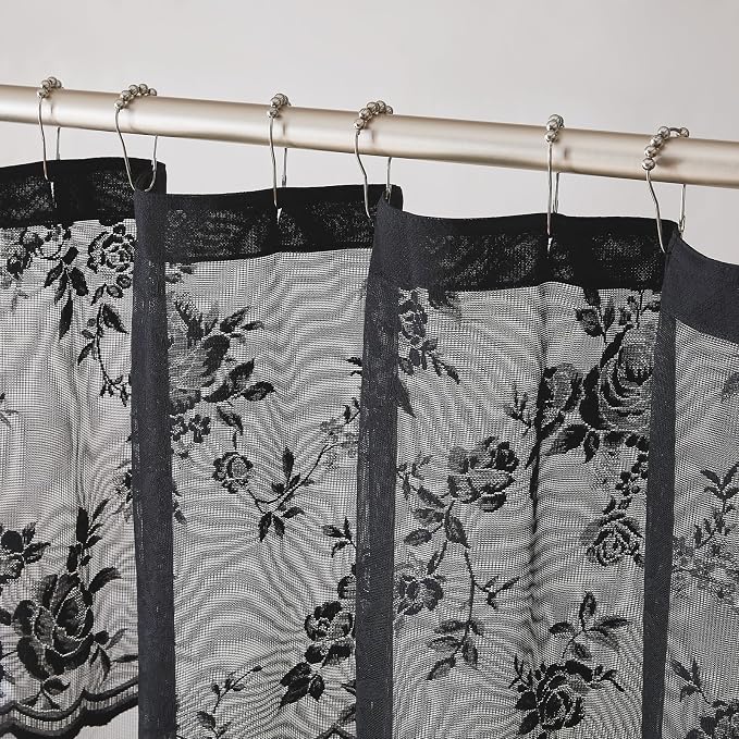 Black Lace Shower Curtain Luxury Vintage Floral Shower Curtain with Attached Valance Decorative Vintage Boho Bath Curtain for Master Bath Hotel Dark Gothic Halloween Victorian Decor, 1 Panel, 72 x 72
