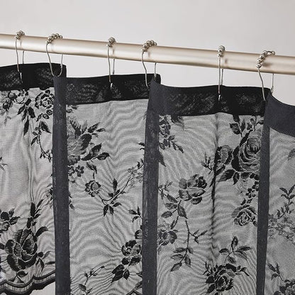 Black Lace Shower Curtain Luxury Vintage Floral Shower Curtain with Attached Valance Decorative Vintage Boho Bath Curtain for Master Bath Hotel Dark Gothic Halloween Victorian Decor, 1 Panel, 72 x 72