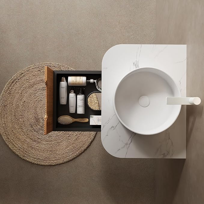 24'' Floating Vanity with Sink Combo, Modern Wall-Mounted Curved Edges Striped Bathroom Storage Cabinet with Soft-Close Drawer and White Artificial Marble Basin, Natural Walnut