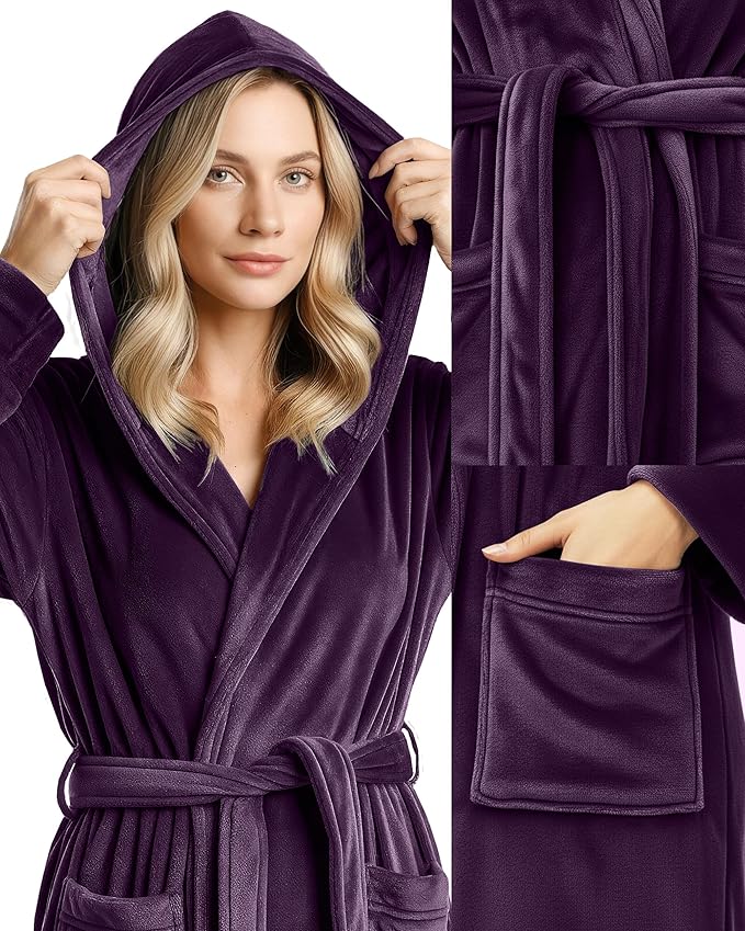 NY Threads Women's Fleece Hooded Bathrobe Plush Long Spa Robe, Medium