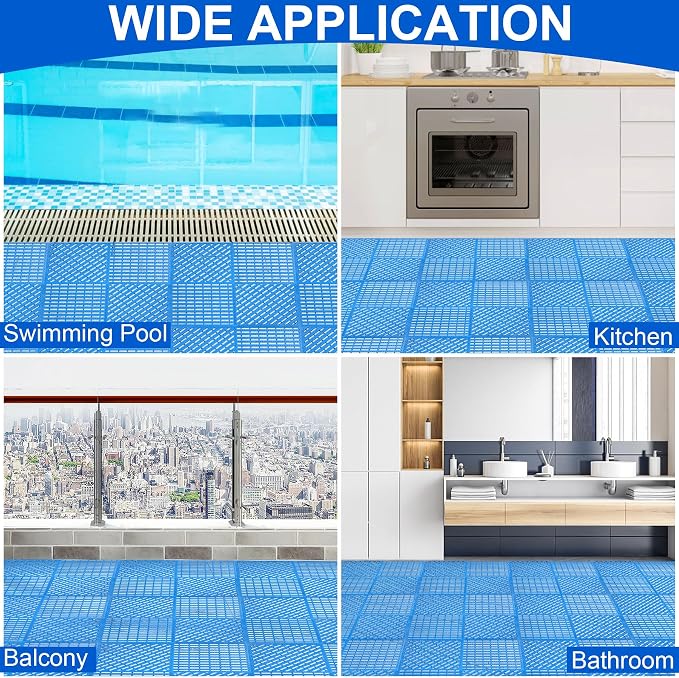 Modular Interlocking Cushion 12 Pack 11.8" x 11.8" Rubber Floor Tiles Non-Slip Splicing Drainage Mats for Deck, Pool, Shower, Patio, Balcony, Bathroom, Kitchen, Yard (Diagonal, Blue)