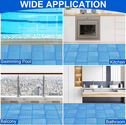 Modular Interlocking Cushion 12 Pack 11.8" x 11.8" Rubber Floor Tiles Non-Slip Splicing Drainage Mats for Deck, Pool, Shower, Patio, Balcony, Bathroom, Kitchen, Yard (Diagonal, Blue)