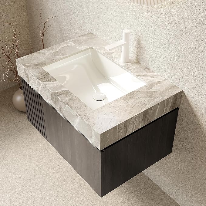 Ambrovina 30" Floating Bathroom Vanity with Sink, Modern Plywood Bathroom Storage Cabinet with Drawer and Door, Gray Sintered Stone Countertop and Ceramic Basin, Pre-Assembled, Espresso Woodgrain