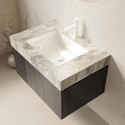 Ambrovina 30" Floating Bathroom Vanity with Sink, Modern Plywood Bathroom Storage Cabinet with Drawer and Door, Gray Sintered Stone Countertop and Ceramic Basin, Pre-Assembled, Espresso Woodgrain