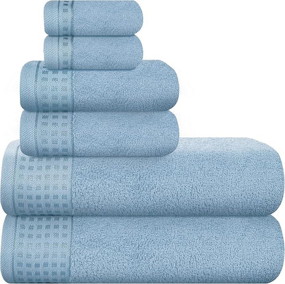 GLAMBURG 100% Cotton Ultra Soft 6 Pack Towel Set, Contains 2 Bath Towels 28x55 Inches, 2 Hand Towels 16x24 Inches & 2 Wash Coths 12x12 Inches, Compact Absorbent Lightweight & Quickdry - Sky Blue