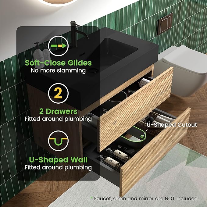 30 Inch Floating Bathroom Vanity with Black Sink, Modern Wall Mounted Floating Vanity with 2 Soft-Closing Drawers, Large Storage for Apartment, Hotel, Rough Oak