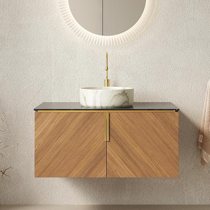 36 Inch Bathroom Vanity with Sink Combo, Floating Vanity Bathroom with Vessel Sink, Modern Bathroom Vanity Cabinet with Doors, Sintered Stone Countertop and Stone Pattern Sink,Brown Oak