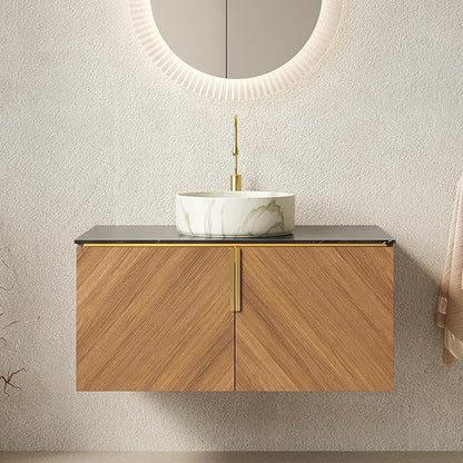 36 Inch Bathroom Vanity with Sink Combo, Floating Vanity Bathroom with Vessel Sink, Modern Bathroom Vanity Cabinet with Doors, Sintered Stone Countertop and Stone Pattern Sink,Brown Oak