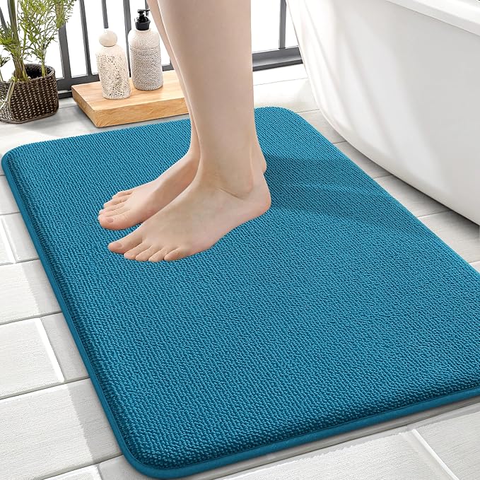 OLANLY Memory Foam Small Bathroom Rugs 24x16, Absorbent Mat, Peacock Blue | Soft Quick Dry Bath Rugs, Non-Slip Carpet, Machine Washable Mat for Bathroom Floor, Tub and Shower, Home Decor Accessories