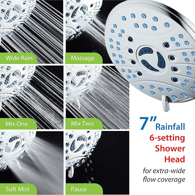 AquaCare 50-mode High Pressure 7 inch Shower Head Combo w/Dual Power Wash | Hygienic Jets, 2-mode Handheld Power Wash for Tub, Tile & Pets, Long 6 ft. Stainless Steel Hose, Extra Wall Bracket / Chrome