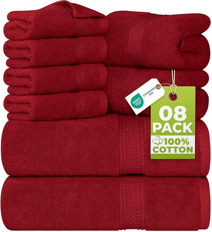 Utopia Towels 8 Piece Luxury Towel Set – Majestic Plush, Super Absorbent & Quicker-to-Dry, Thick 100% Ring Spun Cotton Towels for Bathroom, Spa & Hotel – 2 Bath, 2 Hand, 4 Washcloths,Red