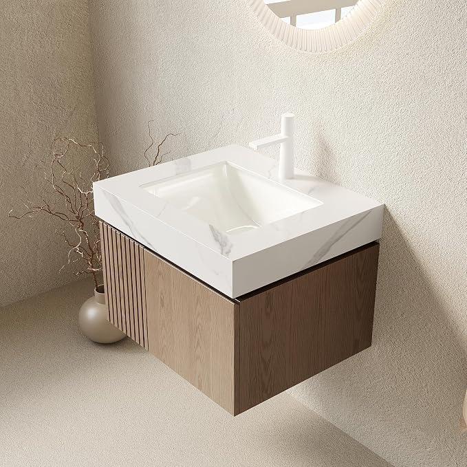 KEIKI 24 Inch Floating Bathroom Vanity with Sink, Light Brown & White | Modern Wall Mounted Storage Cabinet with 2 Doors, Pre-assembled Wood Panels, Sintered Stone Top & Ceramic Basin Combo Set
