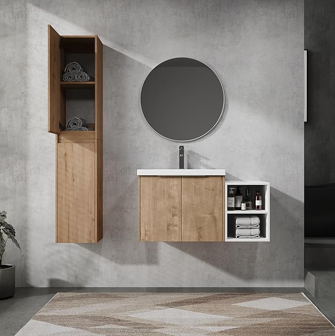 Henf 36" Floating Bathroom Vanity with Sink for Compact Space, Brown Wall Mount Bathroom Vanity Cabinet with Sink Combo, 36 Inch Bathroom Vanities Set with Open Storage Shelf & 2 Side Cabinet