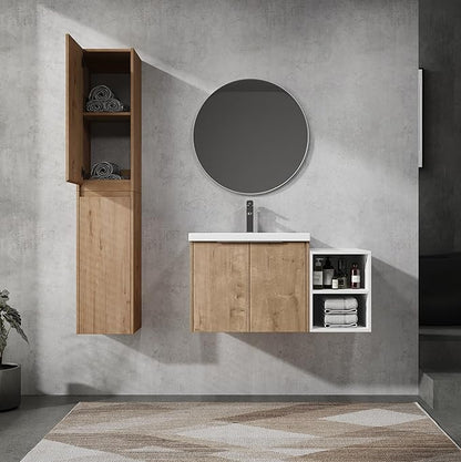 Henf 36" Floating Bathroom Vanity with Sink for Compact Space, Brown Wall Mount Bathroom Vanity Cabinet with Sink Combo, 36 Inch Bathroom Vanities Set with Open Storage Shelf & 2 Side Cabinet