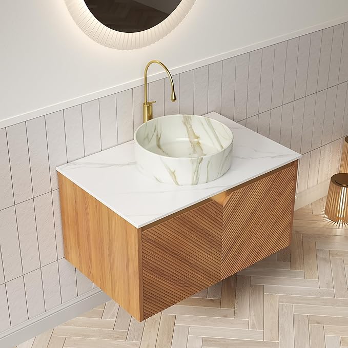 Floating Bathroom Vanity with Sink, 30 Inch Fluted Vanity with Vessel Sink, Modern Bathroom Vanity Cabinet with 2 Doors, White Ceramic Sink with Stone Pattern & Sintered Stone Top, Oak