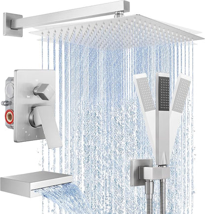 KES Shower Faucet Set 12 Inch Rain Shower Head 3-Function Shower System with Tub Spout Rainfall Shower Head with Handheld Shower, Pressure Balance Valve Brushed Nickel, XB6305F18S12-BN