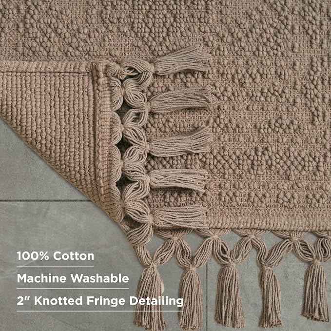 French Connection Nellore Bathroom Rugs, Woven and Beaded Bathroom Mats, Durable Non-Slip Bath Rugs, Thick BathMats, 17'' x 28'', Light Brown (FCB020920)