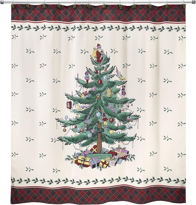 Spode - Fabric Shower Curtain, Holiday Bathroom Decor Christmas Tree Tartan Collection, 72"