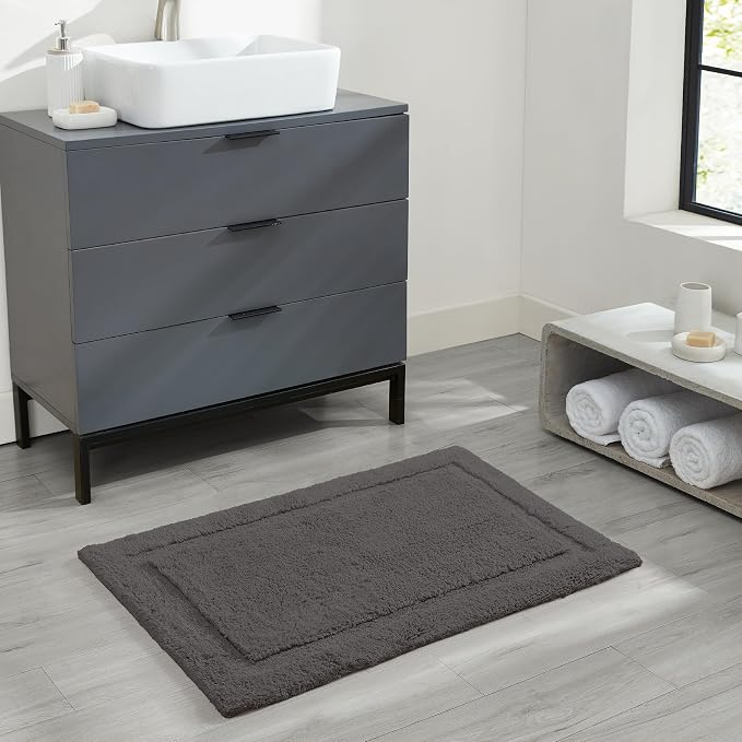 Jean Pierre New York Lydia Border 100% Cotton Bath Mat - Non-Slip Bath Rug - Charcoal - 27"x45"