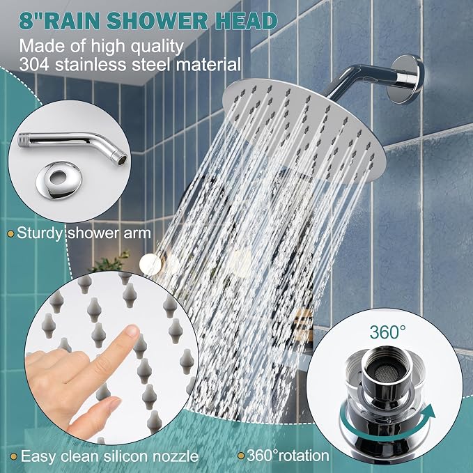Tub Shower Faucet, Polished Chrome Shower Faucet Set with 8-Inch All-Metal Rainfall Showerhead and Bathtub Spout, Single-Handle Tub Shower-Trim Kit Included Valve, Polished Chrome